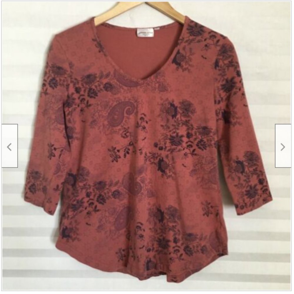 Prairie Cotton Top Rust Floral Paisley 3/4‎ Sleeves V Neck Made in USA